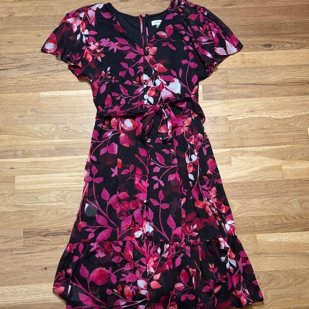 Calvin Klein Black & Pink Floral Midi Lightweight Flowy Dress Women’s 6